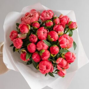 букет из 25 коралловых пионов